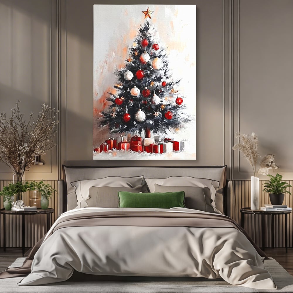 Tablou canvas cu tablou canvas cu brad de craciun pictat, fara rama, pe sasiu de lemn, pe perete intr-un dormitor